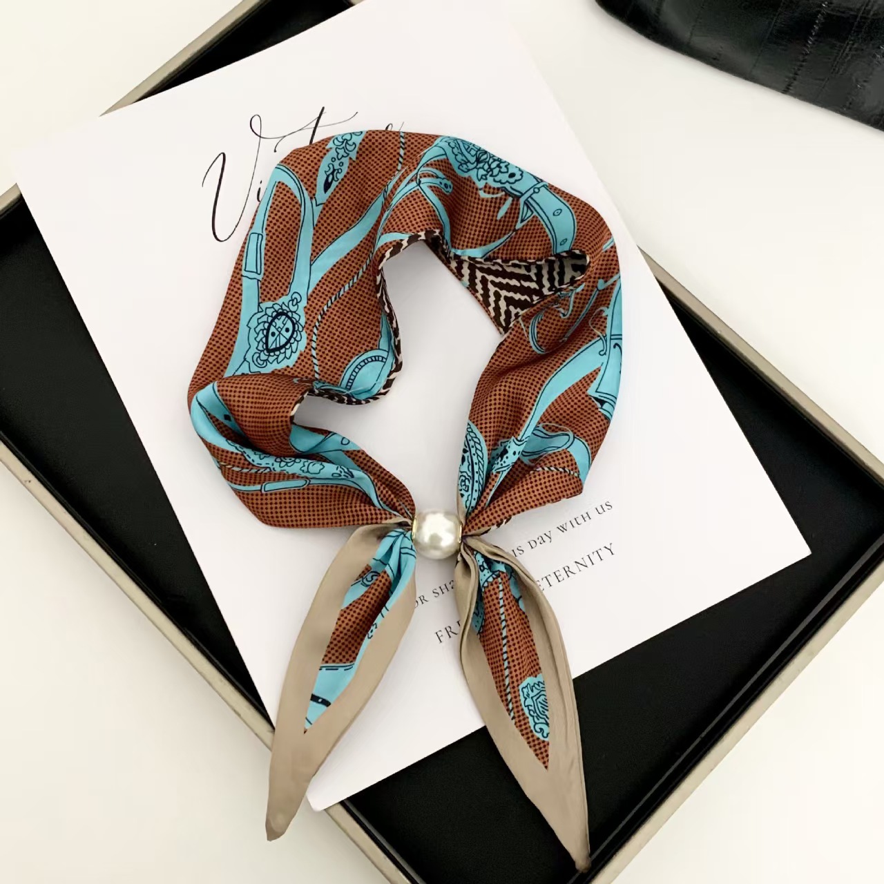 Silk Scarf Square - Korean Style Elegant Pearl Magnetic Scarf